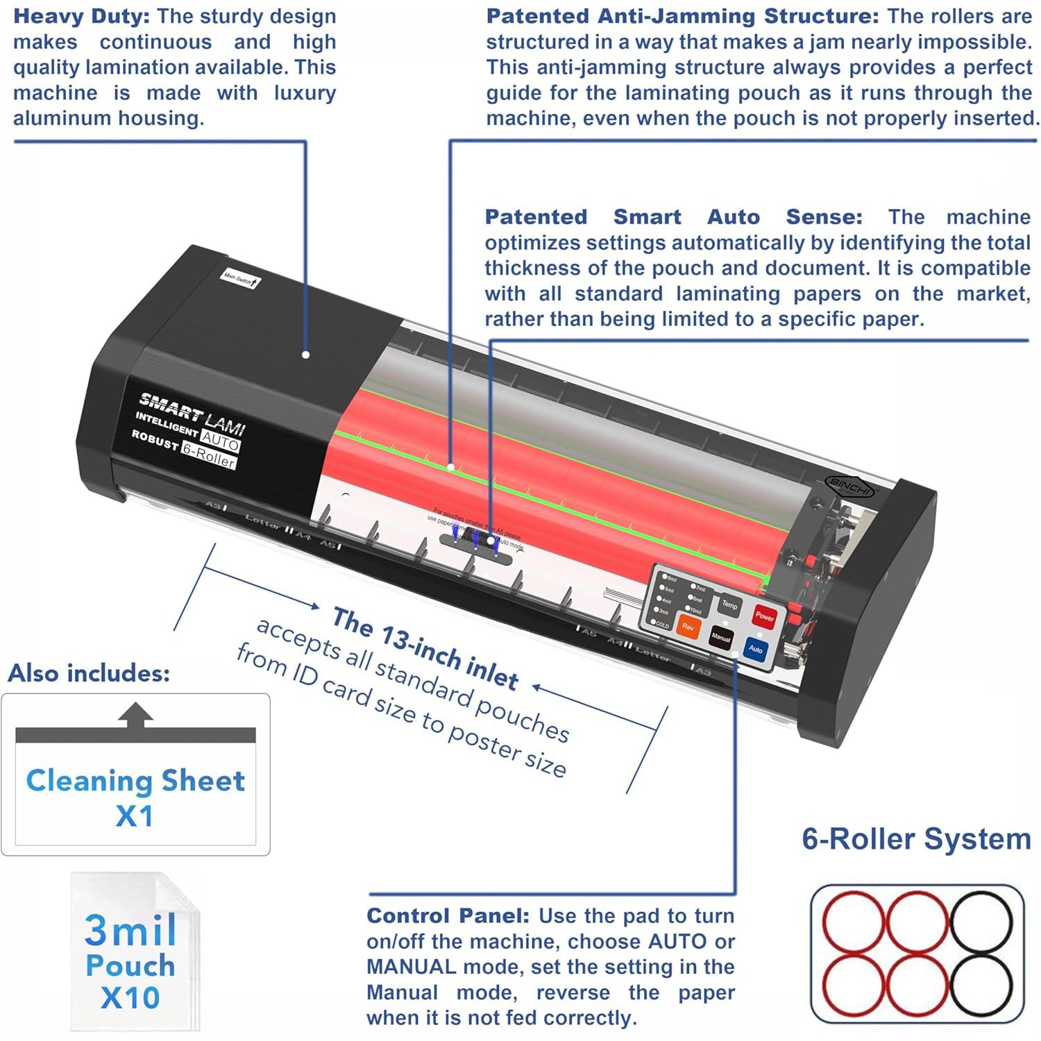 6-Roller Laminator with Patented Auto Sense & Anti-Jamming Technologies 